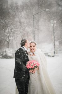 winter wedding central park couple in snow storm
