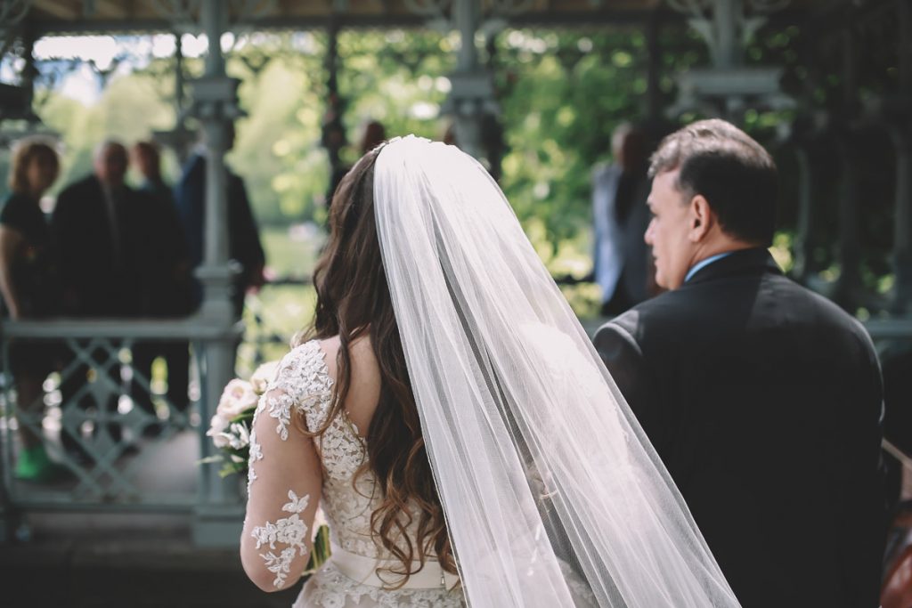 summer wedding central park ladies pavilion brazilian bride with father