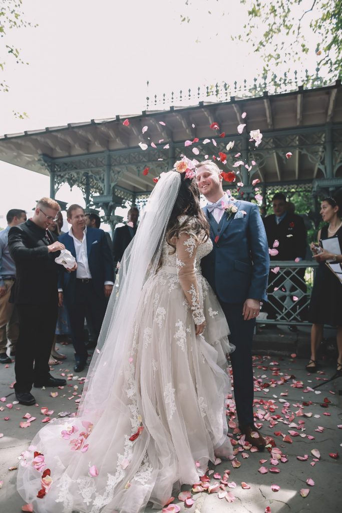 summer wedding central park ladies pavilion brazilian couple and rose petals2