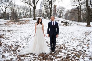 winter wedding central park couple in the snow